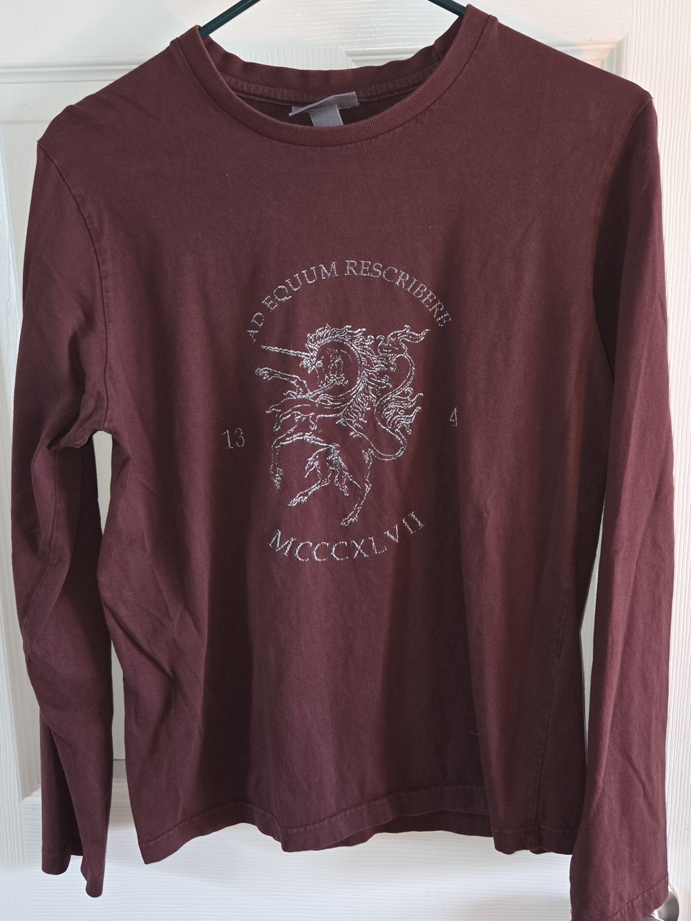 H&M Men's Long Sleeve Graphic Tee - Burgundy with White Print